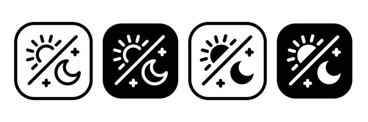 Day and night mode set icon. Sun, moon, dark, morning, weather, light, button, lamp, bulb symbol icons collection. Black and white vector illustration. Mobile apps or website screen brightness icon.