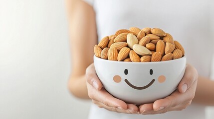 A person holds a bowl filled with almonds, featuring a cheerful smiley face design, symbolizing enjoyment and healthy snacking.