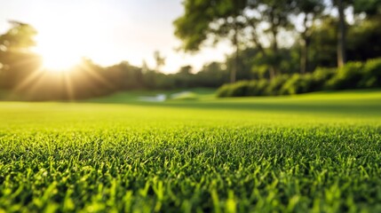 Wall Mural - A golf course green with a focus on the freshly cut grass, outdoor setting with morning sunlight, Elegant style