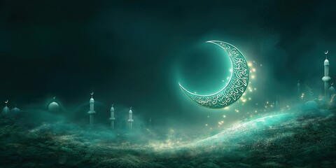 Wall Mural - A mystical crescent moon glowing above a dreamy Ramadan landscape with minarets, evoking spirituality and peace