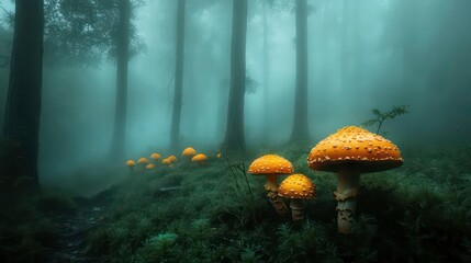 Wall Mural - A misty forest with glowing mushrooms and soft light filtering through the trees.