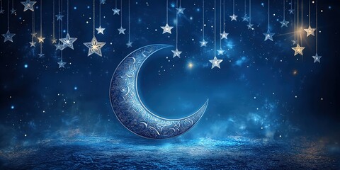 Wall Mural - A beautifully decorated crescent moon with intricate patterns surrounded by hanging stars, reflecting Ramadan's sacred beauty