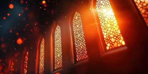 Wall Mural - A series of intricately designed mosque windows lit by warm golden light, representing Ramadan's spiritual and architectural beauty