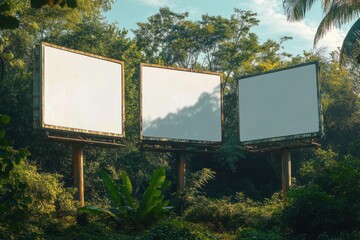 Lush Green Landscape with Blank Billboards and Serene Trees in Urban Space for Advertising and Marketing