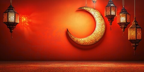 Wall Mural - A golden crescent moon surrounded by intricate lanterns on a glowing red-orange background, capturing Ramadan's festive ambiance