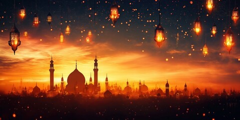 Wall Mural - A golden sunset with silhouettes of mosques and glowing lanterns, symbolizing Ramadan's spiritual tranquility and warmth