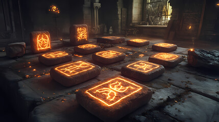 Wall Mural - Runestones spread out on a table with each rune glowing with mystical energy, creating a sense of ancient magic and mystery. Runestone. Illustration