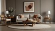 © Fulmala - Creative composition of living room interior with mock up poster frame, boucle sofa, wooden coffee table, round carpet, white armchair, magnolia and personal accessories. Home decor. Template.