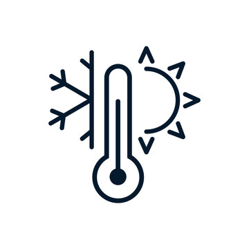 Thermometer, snowflake, sun. Vector linear icon isolated on white background.