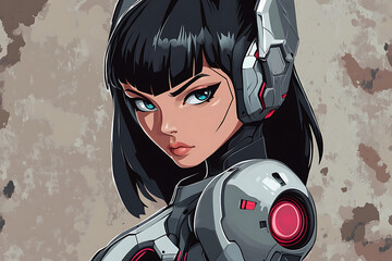 Wall Mural - A stylized portrait of a female cyborg with sleek robotic features and a futuristic design.