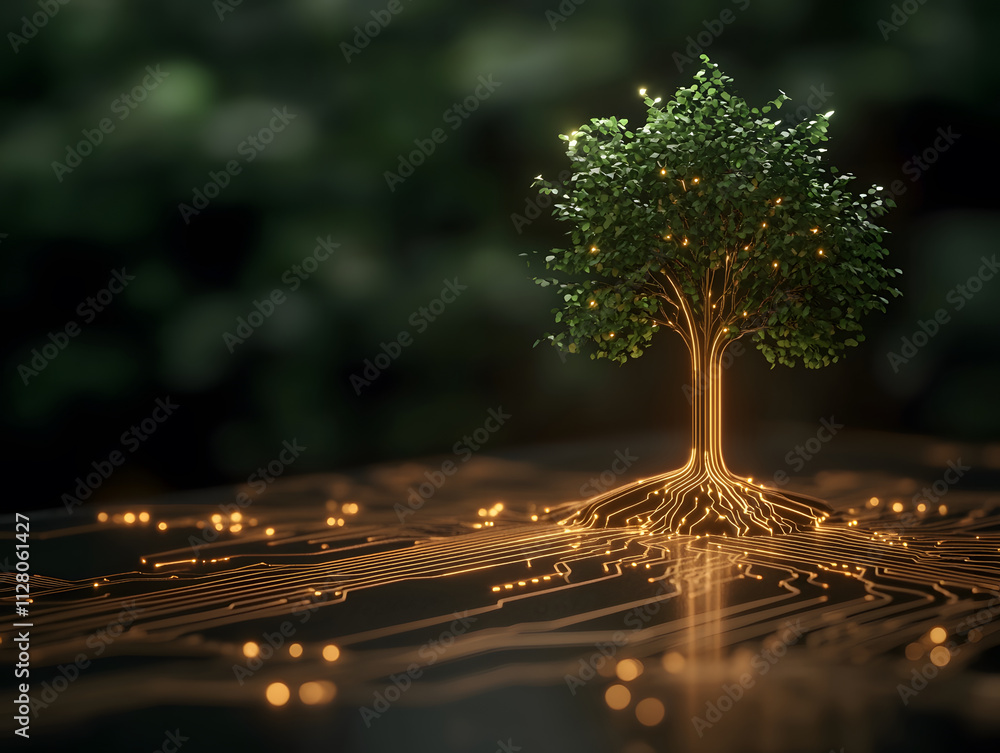 digital tree symbolizing growth and technology, with glowing roots and ...