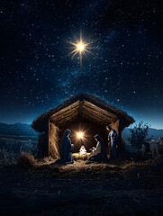 Wall Mural - a bright star illuminating the night sky, shining over the manger scene with mary, joseph, and baby 