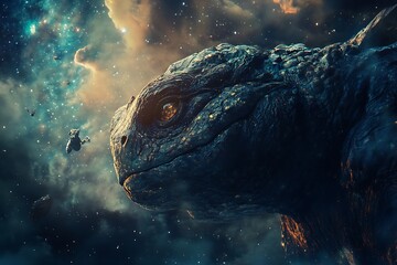 Wall Mural - a giant turtle-like creature gazes into the cosmos, surrounded by stars and nebulae.