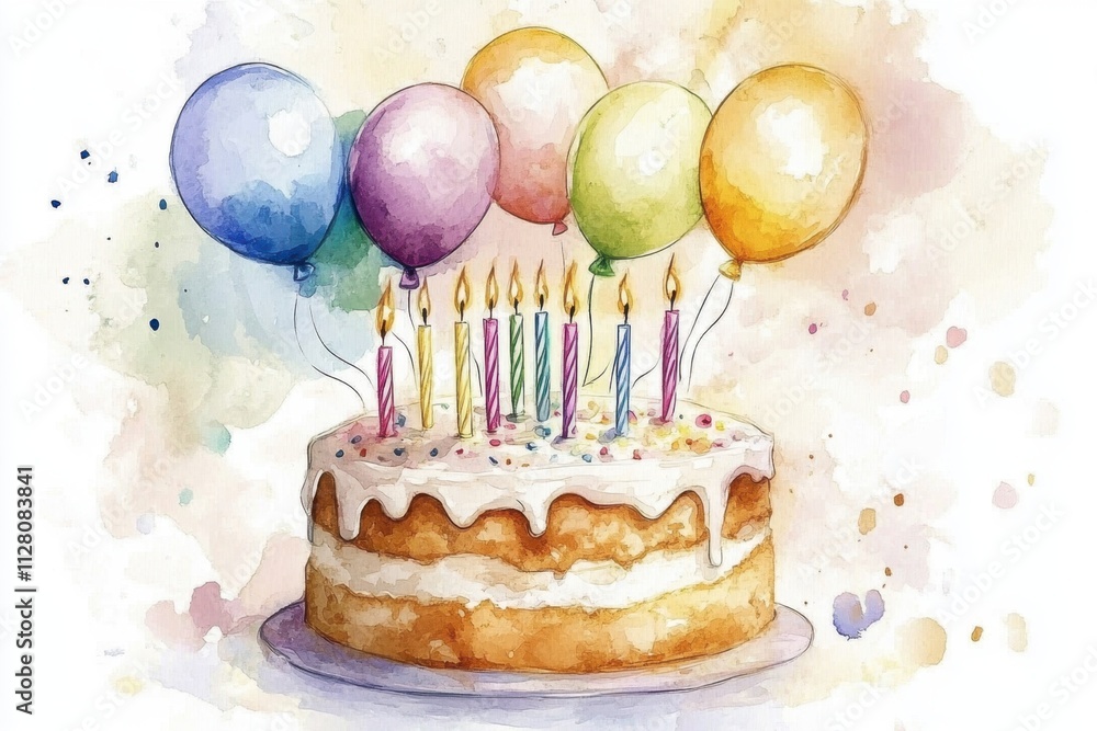 Vibrant watercolor birthday cake clipart featuring candles and balloons ...