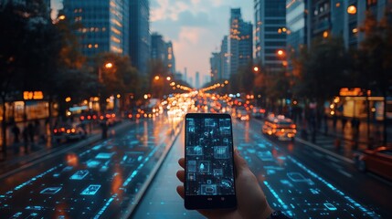Hand holding smartphone displaying futuristic city interface on a rainy night street.