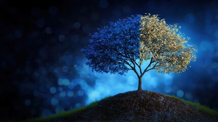 A tree divided in color and texture blooms vibrantly.