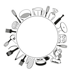 Vector image of items for a pastry chef. Image of kitchen utensils with space for text. Pastry equipment in doodle style.