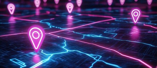 Wall Mural - neon map with glowing location markers.