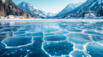 Wall Mural - serene mountain lake frozen under a thick layer of cracked ice reflecting blue hues with rugged peaks in the distance symbolizing resilience isolation and the intricate beauty of nature's patterns