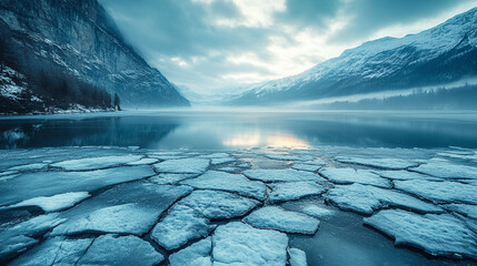 Wall Mural - serene mountain lake frozen under a thick layer of cracked ice reflecting blue hues with rugged peaks in the distance symbolizing resilience isolation and the intricate beauty of nature's patterns