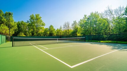 Wall Mural - A quiet outdoor tennis court with freshly painted lines and nets, surrounded by vibrant green trees and a bright blue sky, early afternoon light enhancing the calm atmosphere