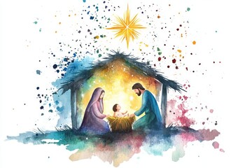 Watercolor painting of Baby Jesus, Mary and Joseph in Bethlehem.	