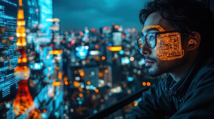 Man with futuristic overlay looking at city skyline and code.