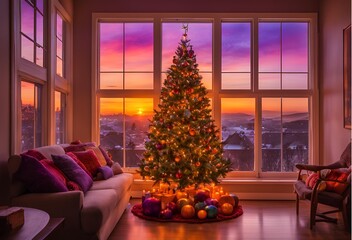 christmas tree at house with sunset view.