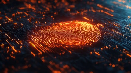 Poster - A detailed orange digital fingerprint glowing on a sleek background, symbolizing the importance of digital security and personal identification