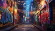 © Malik - A quiet city alley with colorful graffiti on the walls, illuminated by the soft glow of string lights