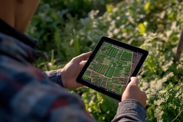 A farmer using a tablet to monitor crops, with a digital map showing crop health in real-time, highlighting areas that need attention.