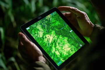 A farmer using a tablet to monitor crops, with a digital map showing crop health in real-time, highlighting areas that need attention.