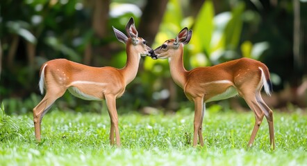 Canvas Print - Two male deer fighting in a green grass meadow