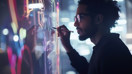 A man is drawing on a large screen with a pen