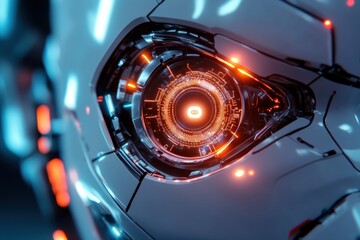 Close-up of a futuristic robot eye with glowing orange and blue lights.