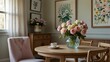 © Arsal Stock - Light-filled dining room has bouquets of pastel flowers, a round wooden table, and light-pink chairs. Artwork of flowers hangs on the wall