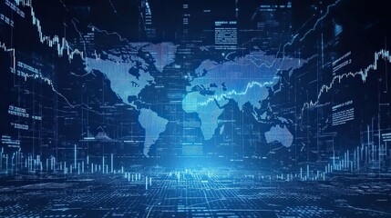 global technology economy network. digital data visualization on a world map with analytics and char