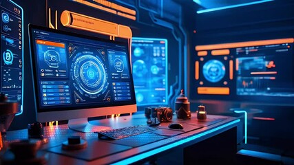 Futuristic workspace with advanced technology and digital interfaces.