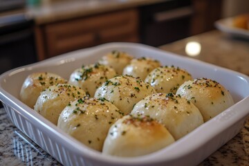 Wall Mural - Freshly baked dinner rolls sprinkled with parsley and spices in a white ceramic dish