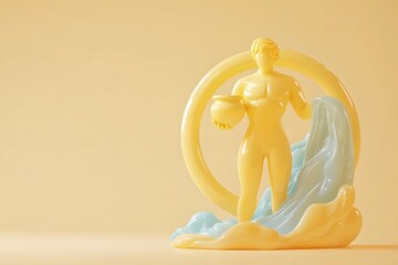 Wall Mural - cartoon Aquarius figure standing in front of a circular symbol of the zodiac. The figure has smooth pastel yellow skin and holds an urn from which water is flowing