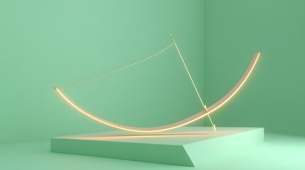Wall Mural - minimalist bow and arrow resting on a triangular platform. The bow is pastel beige with glowing string details
