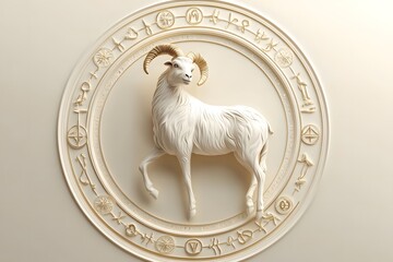 Wall Mural - minimalist 3D goat within a circular frame engraved with zodiac symbols. The goat is pastel white with shiny golden details