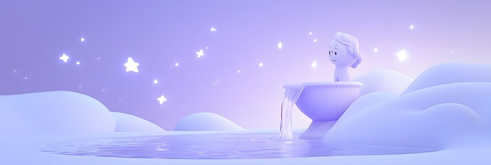 Wall Mural - minimalist 3D cartoon Aquarius with water flowing from an urn, under a sky full of soft glowing stars