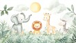 Whimsical watercolor of safari animals creates a cheerful, inviting nursery atmosphere.