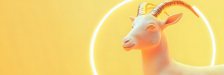 Wall Mural - cartoonish 3D goat encircled by an abstract geometric frame. The goat is pastel cream with shiny metallic horns