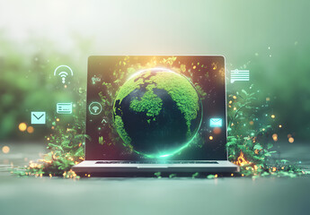 Wall Mural - A futuristic, sleek laptop is placed at the center, its screen displaying a globe, environment concept.