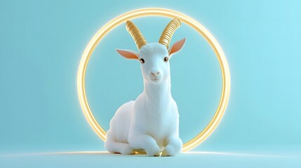 Wall Mural - cartoon 3D goat inside a glowing circular frame, symbolizing the zodiac sign Capricorn