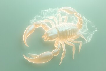 Wall Mural - D minimalist scorpion surrounded by a soft glowing aura, symbolizing its celestial connection. The scorpion is pastel beige with a metallic sheen