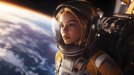 Wall Mural - Female astronaut, woman in space, against Earth 