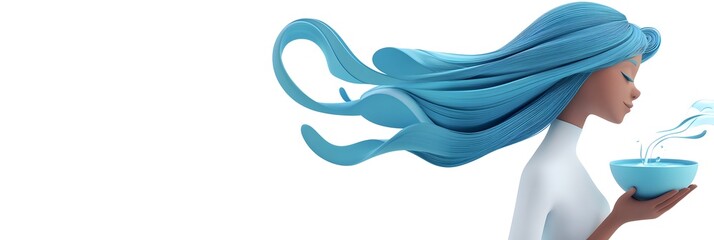 Wall Mural - 3D minimalist cartoon design of a water-bearer holding an elegant pot from which water flows into the sky, symbolizing Aquarius